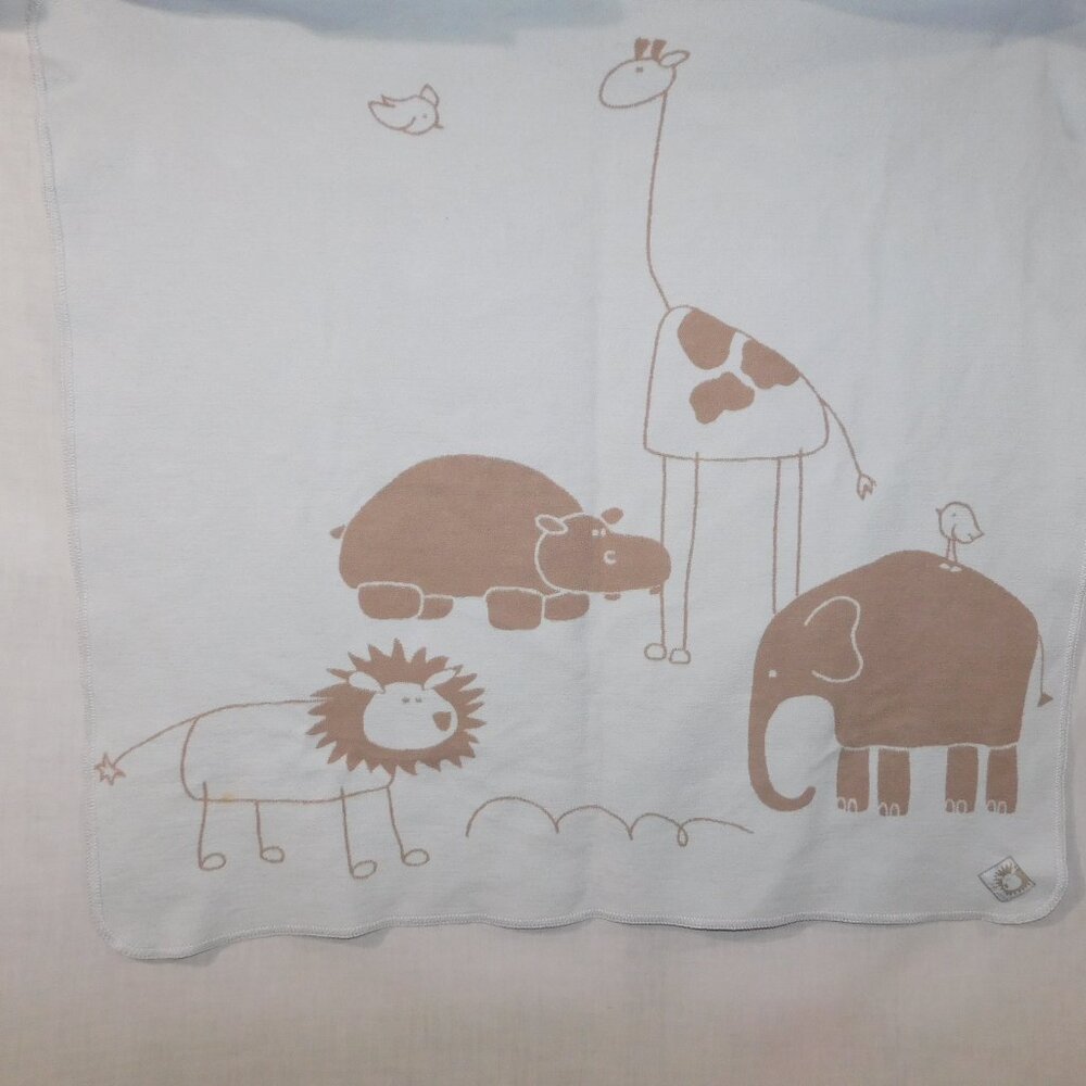 Kushies Baby Reversible Safari Blanket Lovey 100% Cotton Blue Mocha Hippo Lion